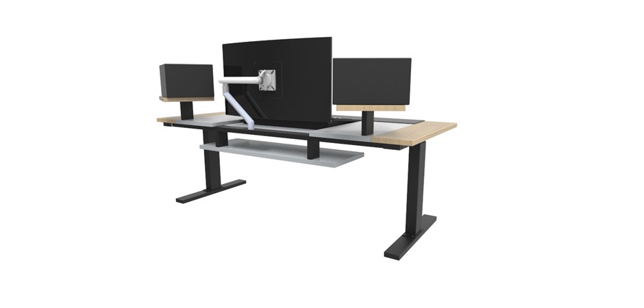 Polar White benchtop + black frame and lifting columns + Dansk Maple straight feature panels + Dansk Maple speaker shelves + front padded leather surface + mixer cut out + Polar White shelf
