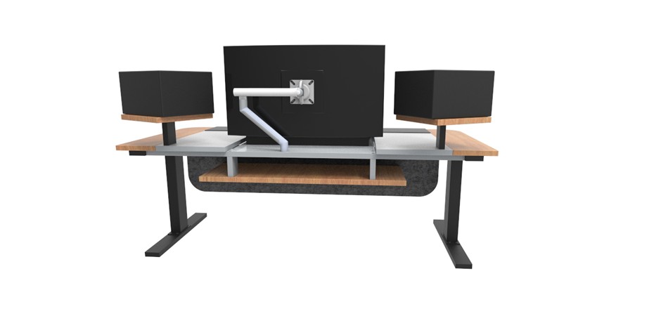 Polar White benchtop + black frame and lifting columns +  Young Beech curved feature panels + Young Beech speaker shelves + front padded leather surface + mixer cut out + front acoustic privacy panel + Young Beech shelf