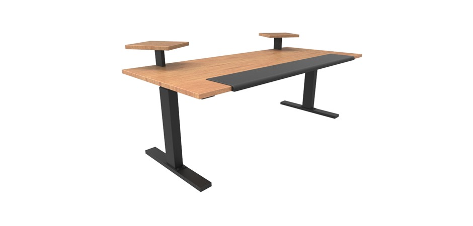 Young Beech benchtop + black frame and lifting columns +  Young Beech speaker shelves + front padded leather surface