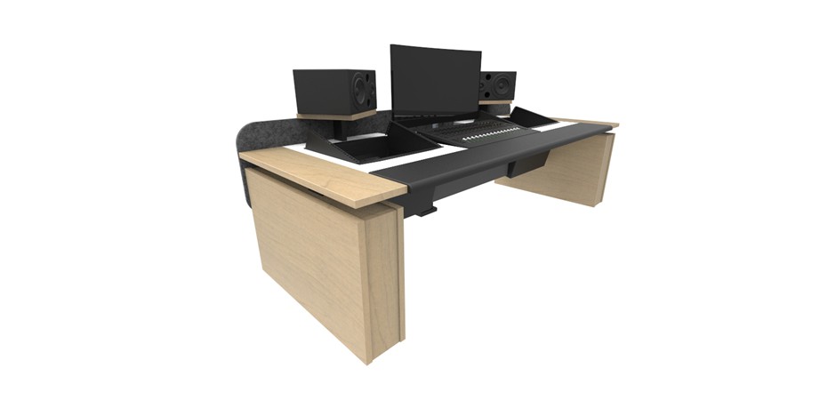Polar White benchtop + black frame and lifting columns +  Dansk Maple straight feature panels + Dansk Maple speaker shelves + front padded leather surface + mixer cut out + front acoustic privacy panel + rear acoustic privacy panel + Dansk Maple lifting column carcasses + left and right 19 inch 8ru rack mounts