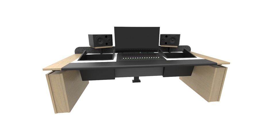Polar White benchtop + black frame and lifting columns +  Dansk Maple straight feature panels + Dansk Maple speaker shelves + front padded leather surface + mixer cut out + front acoustic privacy panel + rear acoustic privacy panel + Dansk Maple lifting column carcasses + left and right 19 inch 8ru rack mounts