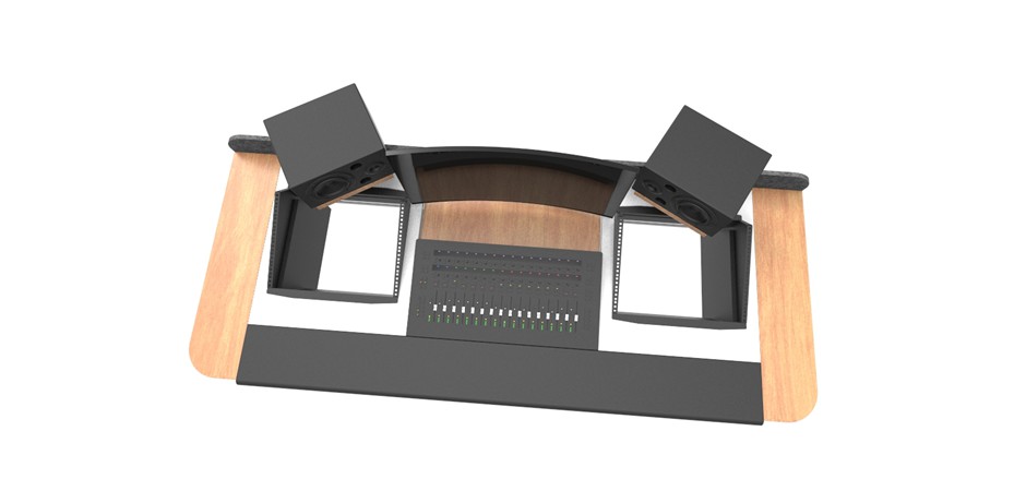 Polar White benchtop + black frame and lifting columns +  Young Beech straight feature panels + Young Beech speaker shelves + front padded leather surface + mixer cut out + front acoustic privacy panel + rear acoustic privacy panel + Young Beech lifting column carcasses + left and right 19 inch 8ru rack mounts
