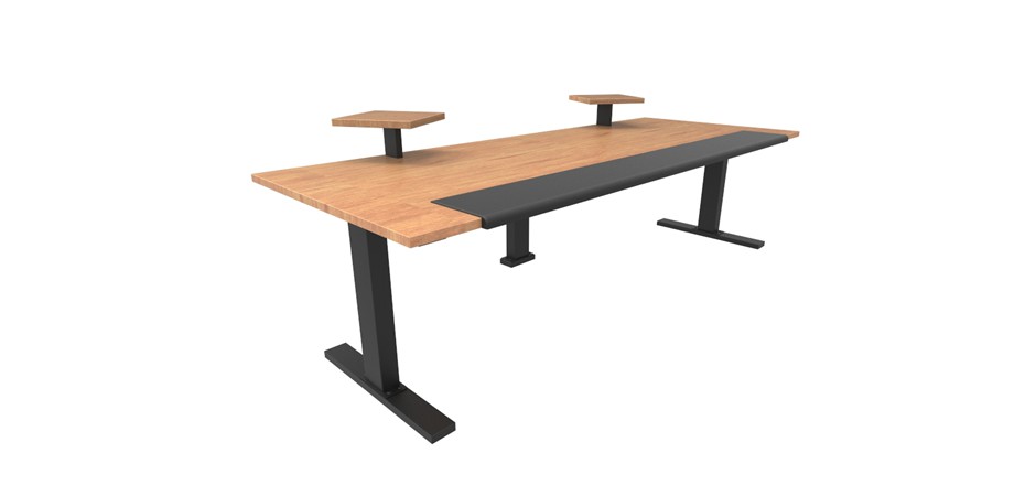 Young Beech benchtop + black frame and lifting columns +  Young Beech speaker shelves + front padded leather surface