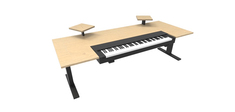 Dansk Maple benchtop + black frame and lifting columns +  Dansk Maple speaker shelves + keyboard/midi cut-out and platforms